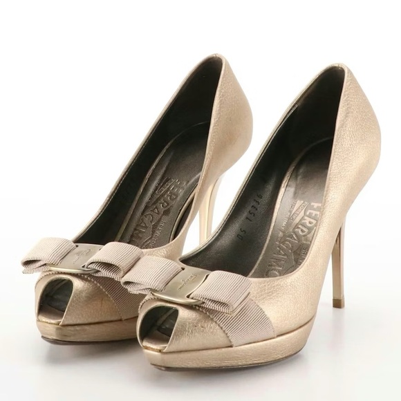 Salvatore Ferragamo Shoes - Salvatore Ferragamo Vara Bow Peek Toe Platform Heels with box